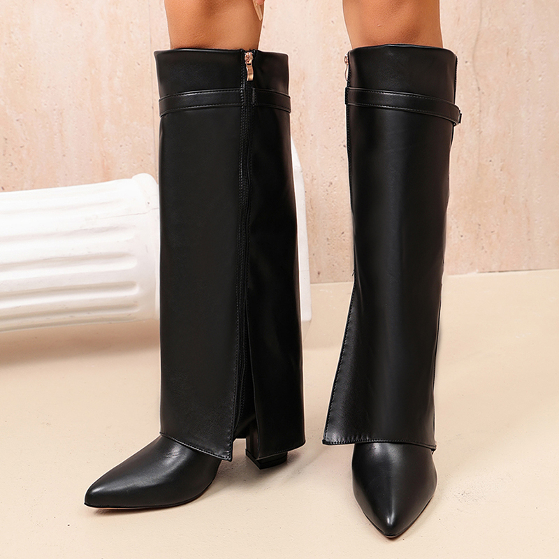 Women'S Fashion Knee High Boots - Модные черные сапоги из искусственной кожи