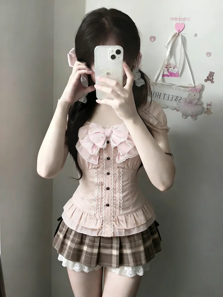 Lace Trim Cami - Японский милый комплект из трех предметов: